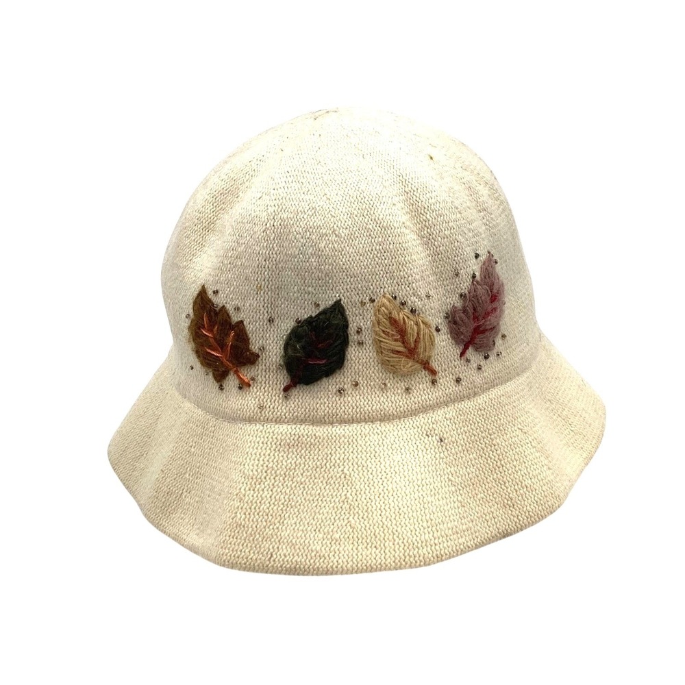 Womens Cream Knit Bucket Hat Embroidered Fall Leaves Beaded Autumn Nature‎